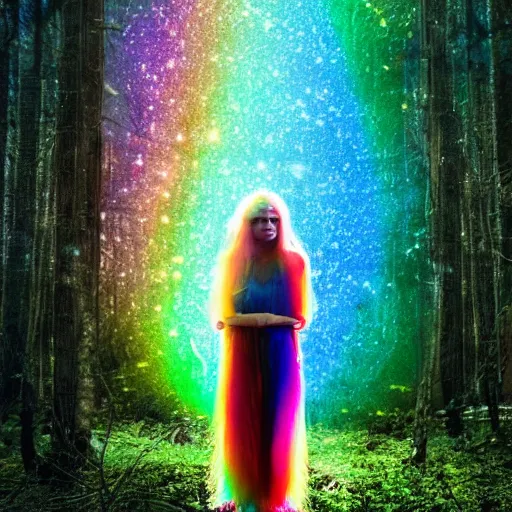 Prompt: Girl with eyes that contain rainbow galaxies. Her hair is long and white, stand in the middle of a forest made of colourful light