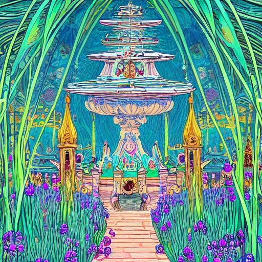 Image similar to a beautiful painting of a large exquisite mystical shrine in a field of flowers by moebius and studio ghibli, hyper detailed vector line art, fountain pen art