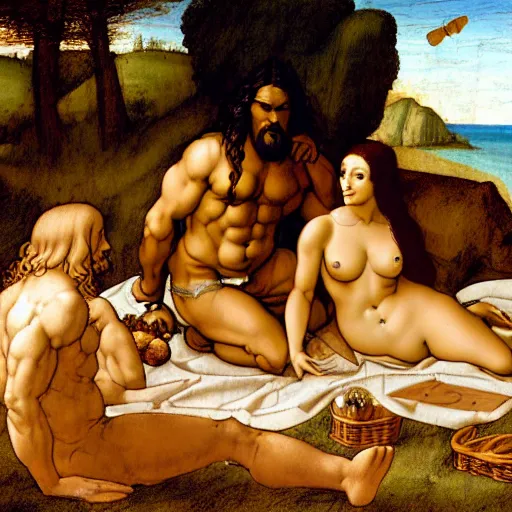 Prompt: sketch by leonardo da vinci of dolly parton and shirtless jason momoa having a picnic - 4