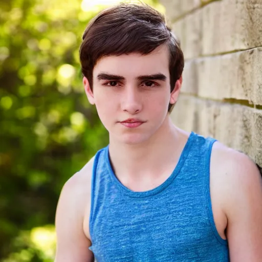 Image similar to Portrait of a 21 yo boy with natural brown hair, smooth pale skin. Net fischer net tank top. Detailed face. Full body shot. Photo. Blue sky.