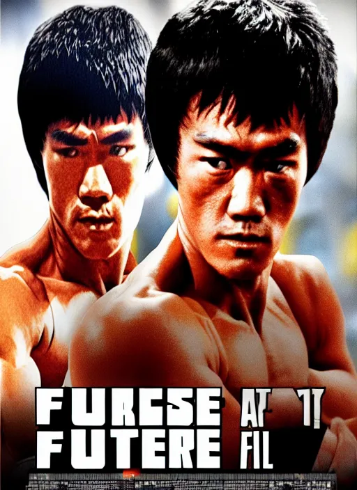 Image similar to Film poster Bruce lee fights VS terminator, faces look at each other, detailed and realistic, 4k, filmic render