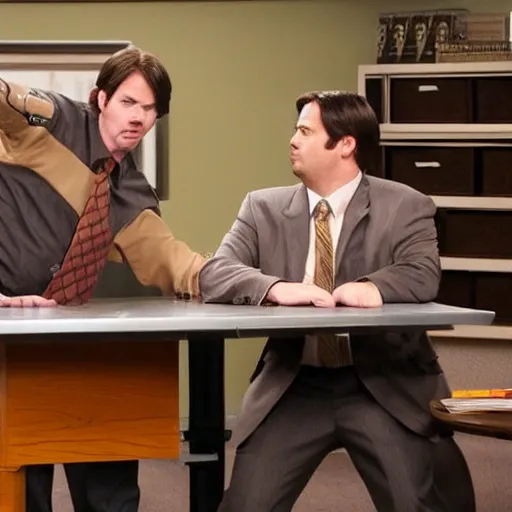 Prompt: Dwight from the Office battling it out with Ron from Parks and Recreation