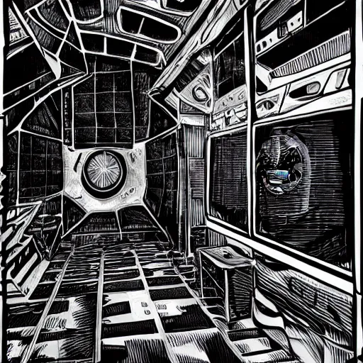 Prompt: the interior of a haunted space ship, horror style