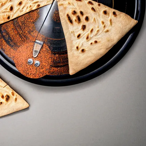 Prompt: a turntable playing a pita bread, product photography