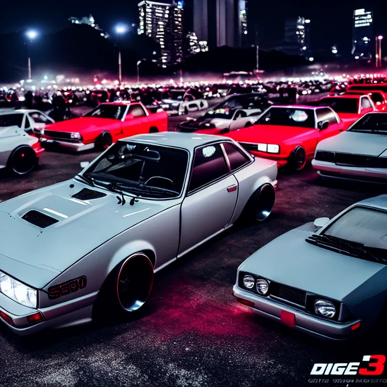 Image similar to a car S30 twin turbo drift at illegal car meet, Gunma prefecture, city midnight mist lights, cinematic lighting, photorealistic, highly detailed wheels, high detail