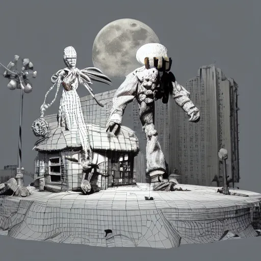 Image similar to full moon, figurines, travel, tilt shift, style of 3 d daz, occlusion, white clay, style of dave mckean, style of shuzo oshimi, style of will eisner, full of color, on white, smooth, thin sharp lines, detailed, octane render