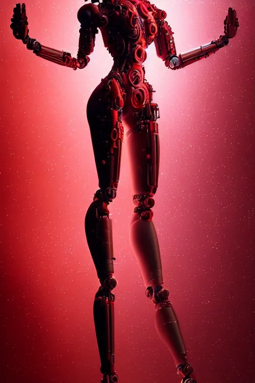 Prompt: a statue made of red marble, of an beautiful girl, full body shot, perfect body, red white biomechanical, inflateble shapes, wearing epic bionic cyborg implants, masterpiece, intricate, biopunk futuristic wardrobe, vogue, highly detailed, artstation, concept art, background galaxy, cyberpunk, octane render