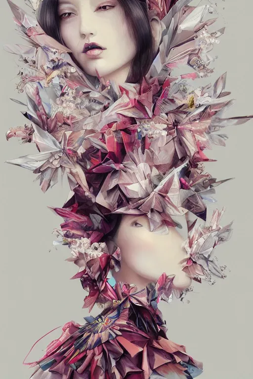 Image similar to full length fashion illustration of a beautiful girl wearing an origami dress, eye - level medium shot, fine floral ornaments in cloth and hair, hummingbirds, elegant, by eiko ishioka, givenchy, by peter mohrbacher, centered, fresh colors, origami, fashion, detailed, serene, dreamy, vogue, japanese, reallusion character creator