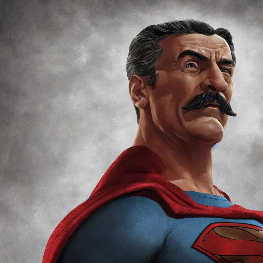 Image similar to stalin as superman, red son, socialist realism, sovietwave aesthetic, hammer and sickles, solitude, groundbreaking, award winning, breathtaking, superb, hyper realistic, detailed picture, intricate digital art, trending artstation, 8 k, unreal 5, octane render, vfx, volumetric lighting, rich moody colors, fan art, concept art