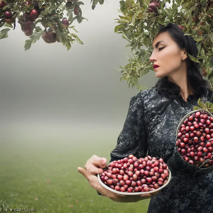 Prompt: a closeup portrait of a woman wearing futuristic material, picking pomegranates from a tree in an orchard, foggy, moody, photograph, by vincent desiderio, canon eos c 3 0 0, ƒ 1. 8, 3 5 mm, 8 k, medium - format print