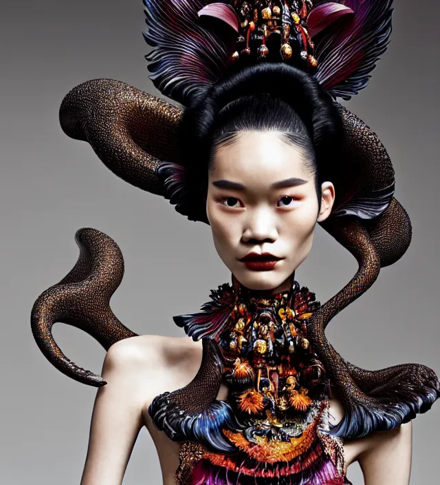 Image similar to photography american portrait of stunning model ming xi. great hair style,, half in shadow, natural pose, natural lighing, rim lighting, wearing an ornate stunning sophistical fluid dress and hat iris van herpen, with a colorfull _ newbaroque _ extreme _ makeup by benjamin puckey, highly detailed, skin grain detail, photography by paolo roversi