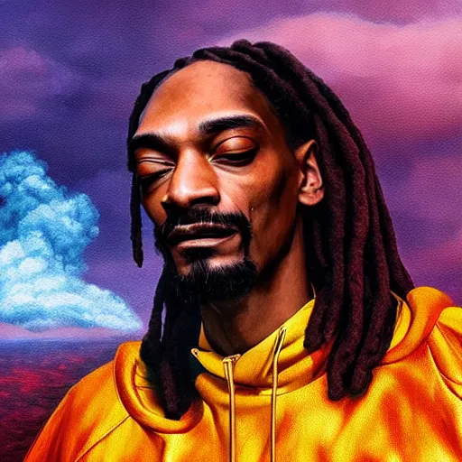 Image similar to a colossal god snoop dog is smoking the clouds, highly detailed, digital painting, artstation, octane render, matte, sharp focus, impressionist painting