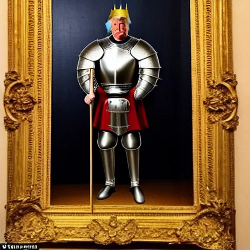 Image similar to full - body - front - shot!!!!!!!!!!!!, donald trump wearing knight'armor, crown, renaissance painting of a knight, detailed face of donald trump