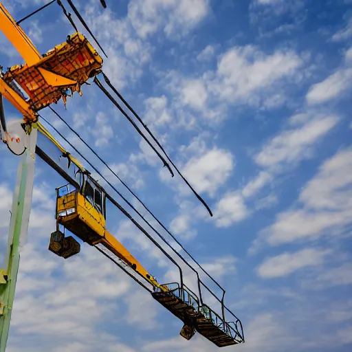 Prompt: digital photography of a crane lifting a container, shot from the ground looking up, close shot, clear sky