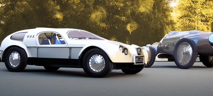 Image similar to a single bugatti type 5 7 sc atlantic and delorean hybrid, dslr, volumetric lighting