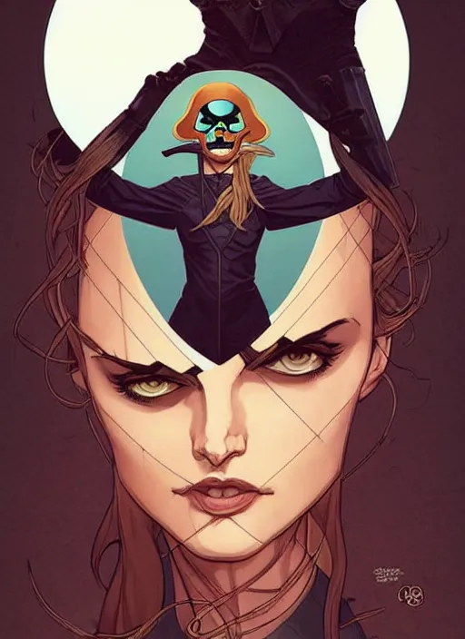 Prompt: Rafeal Albuquerque comic art, Joshua Middleton comic art, pretty female Phoebe Tonkin, pirate, black eye patch covering one eye, evil smile, symmetrical face, symmetrical eyes, pirate clothing, long wavy brown hair, full body::8 sunny weather::2 no long neck