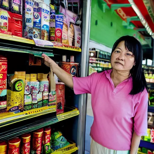 Image similar to a middle - aged woman working at an old convenience store in singapore, award - winning photography