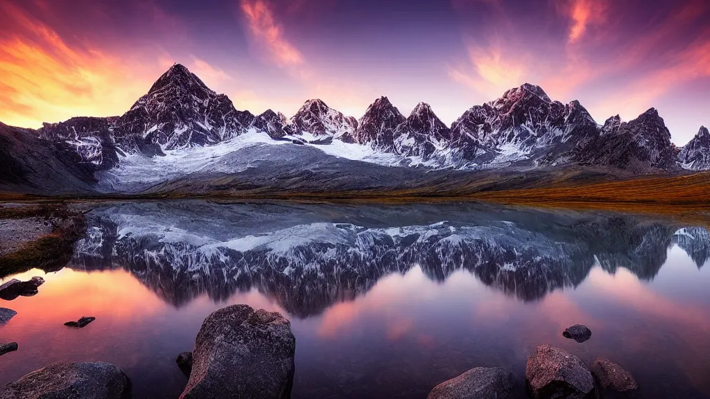 Image similar to amazing landscape photo of mountains with lake in sunset by marc adamus, beautiful dramatic lighting