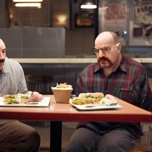Prompt: tony soprano and walter white eating at a diner together, photorealistic, alone in the diner, hyperrealistic, 8 k, ultra hd, true to life