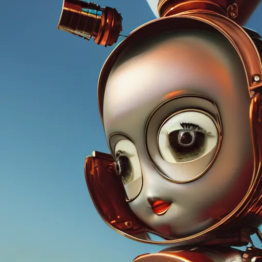 Image similar to closeup portrait of tin toy retro robot doll, depth of field, f 3 2, zeiss lens, detailed, centered, fashion photoshoot, by nicoletta ceccoli, mark ryden, lostfish, breathtaking, 8 k resolution, extremely detailed, beautiful, establishing shot, artistic, hyperrealistic, octane render