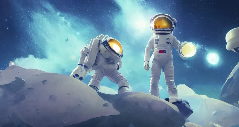 Image similar to astroneer chasing a distant spaceship Anime, wide angle, fine details, cinematic. galaxy starscape. realistic shaded lighting by Ilya Kuvshinov Giuseppe Dangelico Pino and Michael Garmash and Rob Rey greg rutkowski, octane render, IAMAG premiere, aaaa achievement collection, elegant freckles, cinematic hologram, fabulous, daily deviation, 4k, 8k, annual award winner