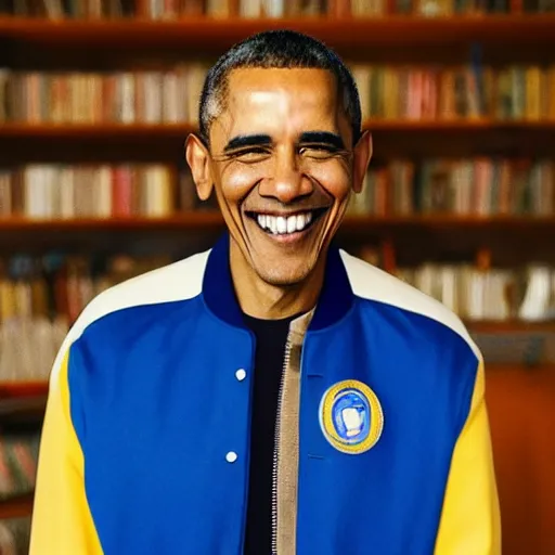 Prompt: realistic photo of casual barack obama wearing a royal blue varsity jacket with yellow sleeves