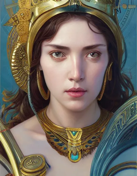 Image similar to athena goddess of wisdom, realistic portrait, symmetrical, highly detailed, digital painting, artstation, concept art, smooth, sharp focus, illustration, cinematic lighting, strength, art by artgerm and greg rutkowski and alphonse mucha and louis theophile hingre