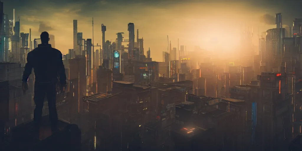 Image similar to a view of a man's back standing on top of a building, with cyberpunk city buildings in the background, volumetric light, cinematic, moody