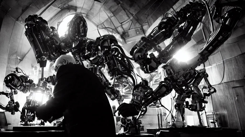 Image similar to bernie sanders putting the finishing touches on a complex magical clockwork doomsday robot, black and white photo, cinematic moody lighting, sharp focus