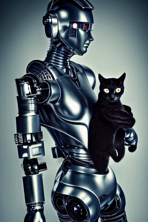 Prompt: cybernetic high tech female knight with cat on her head, sci - fi, cyberpunk, futurism, exoskeleton, robot, strong artificial intelligence, symmetry, cinematic, elegant, luxury, professional studio light, perfect composition, dlsr photography, sharp focus, 8 k, ultra hd, sense of awe, highly detailed, hyper realistic, intricate, science journal cover