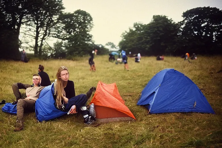 Image similar to candid photo of 3 teenagers camping at Glastonbury, UK, Kodak Portra 200,8K,highly detailed: beautiful perspective closeup environmental portrait photo in style of 2000s retrofuturism, cinema lighting , by beksinski, photography fashion edition, tilt shift, highly detailed, focus on man ;blonde hair;blue eyes, clear eyes, soft lighting