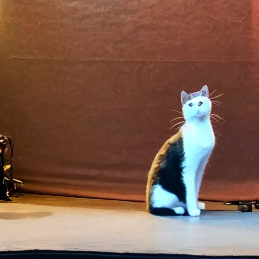 Prompt: photograoh of cat ainging on the stage