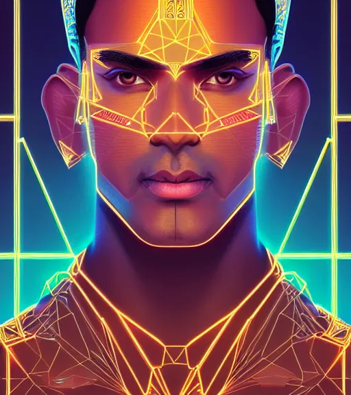 Image similar to symmetry!! indian prince of technology, solid cube of light, hard edges, product render retro - futuristic poster scifi, lasers and neon circuits, brown skin handsome indian prince, intricate, elegant, highly detailed, digital painting, artstation, concept art, smooth, sharp focus, illustration, dreamlike, art by artgerm