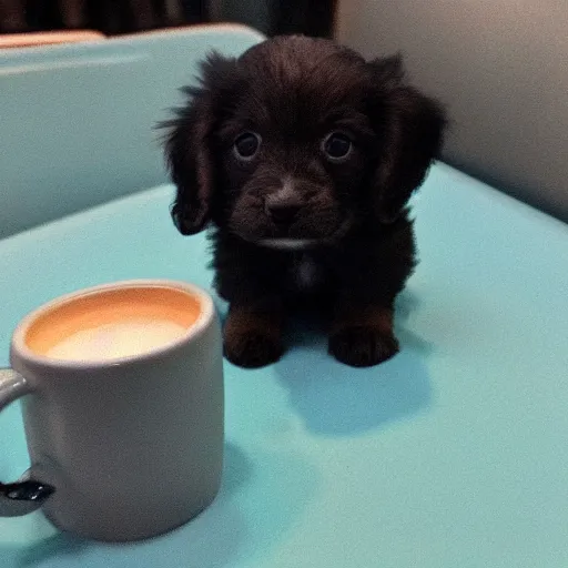 Prompt: extremely tiny puppy in a mug