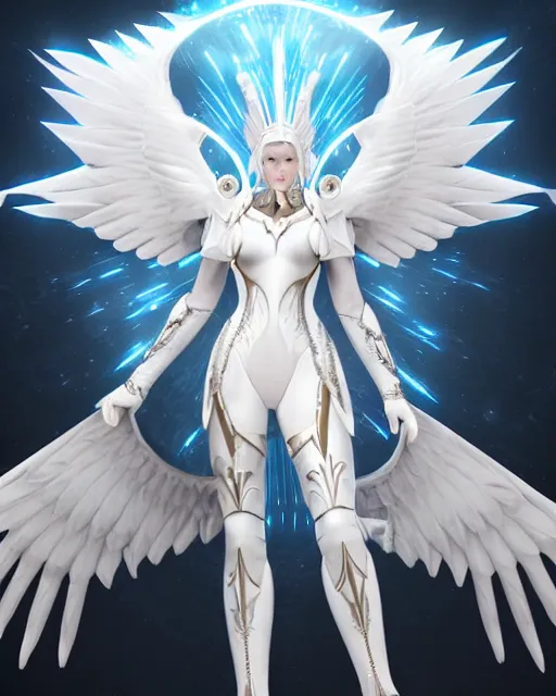 Image similar to perfect ornate white haired attractive egyptian goddess with huge white dove wings, warframe armor, beautiful, symmetric, dreamy, half asian, pretty face, blue eyes, detailed, scifi platform, laboratory, experiment, 4 k, ultra realistic, epic lighting, android body, illuminated, cinematic, masterpiece, art by akihito tsukushi, voidstar