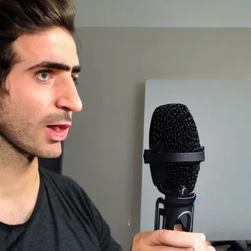 Image similar to handsome Portuguese-British male twitch streamer looking angrily at his expensive studio mic which isn't working, 4k