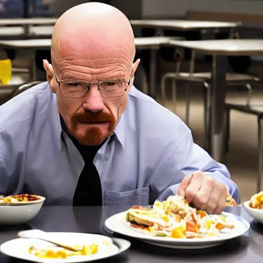 Prompt: Walter White with down syndrome eating lunch alone in the cafeteria
