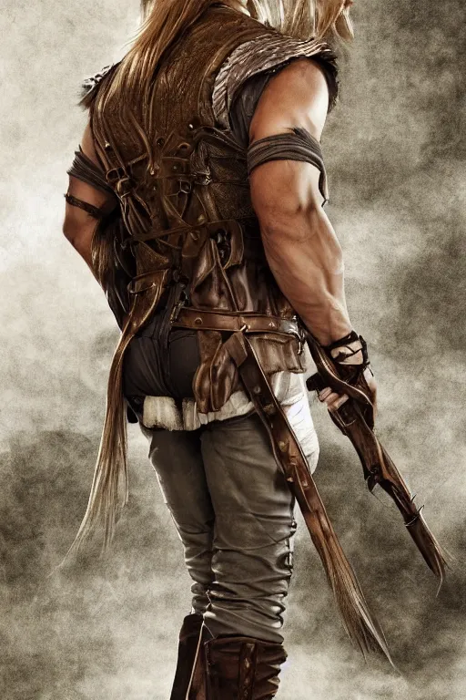 Image similar to a male ranger, dnd, with a leather vest and white linen pants, long swept back blond hair, chiseled good looks, romance novel cover, digital art