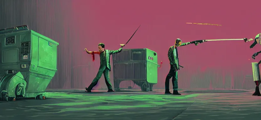 Image similar to handmade illustration of a duel with weapons in an industrial room, line art, octane render with volumetric lighting, miniatures by wes anderson, cedric peyraavernay, waste processing machinery, bladerunner, green and red radioactive swamp, by Remedios Varo and Anato Finnstark and Greg Rutkowski, dayglo pink, dayglo blue, by Craig Mullins, ilya kuvshinov, krenz cushart, artgerm, 8k, trending on ArtStation