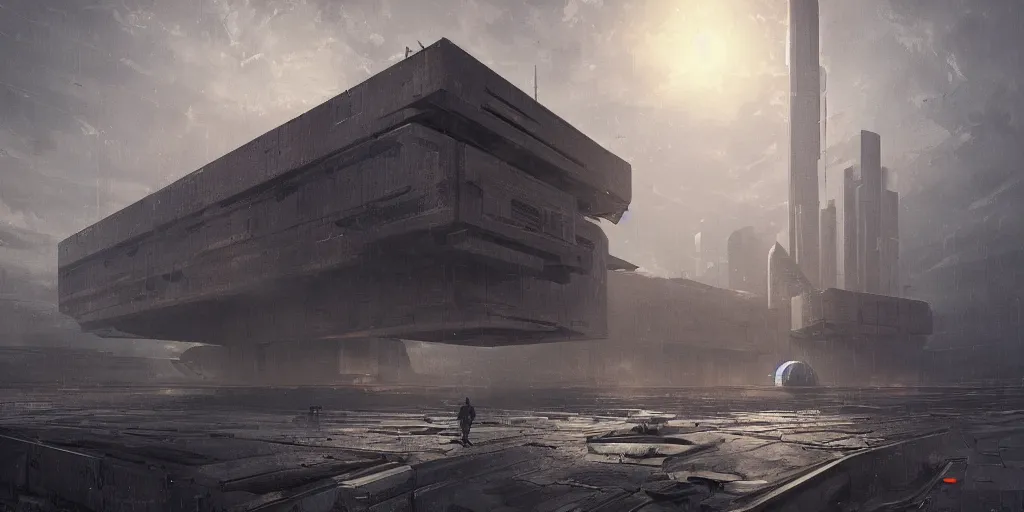 Prompt: brutalist architecture, sun after a storm, ominous evening, science - fiction, perspective, cargo spaceships, crisp, intricate picture by greg rutkowski and federico pelat