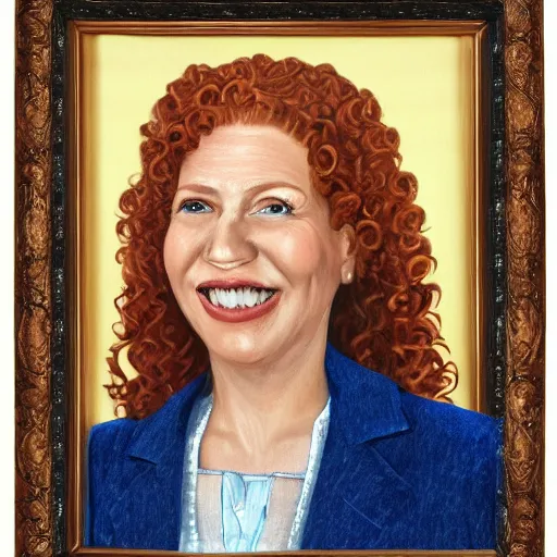 Prompt: the official presidential portrait of ginger head woman, fair skin, smiley, long curly hair, blue blouse, hyper realistic, detailed face