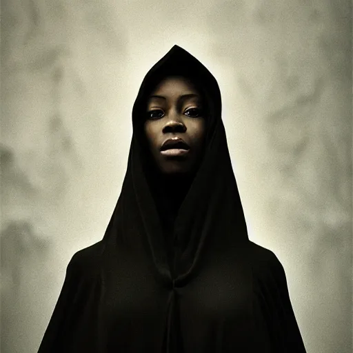 Image similar to a portrait of a young black woman wearing a long dark cloak, hood and shadows covering face, anatomically correct, beautiful perfect face, enigmatic, oil painting, matte painting, black background, Volumetric dynamic lighting, Highly Detailed, Cinematic Lighting, Unreal Engine, 8k, HD, by Beksinski