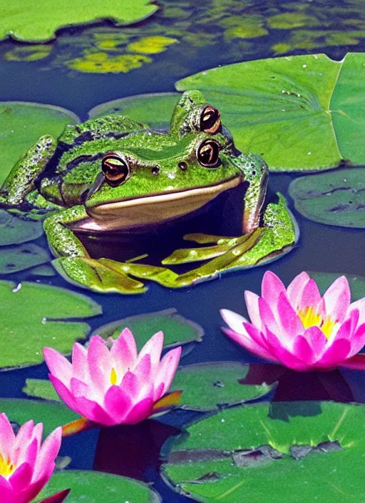 Image similar to close - up of a smiling frog in the pond with water lilies, medieval castle on background, shallow depth of field, highly detailed, ominous, digital art, masterpiece, matte painting, sharp focus, matte painting, by isaac levitan, monet, asher brown durand,