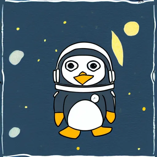 Image similar to cute drawing of a penguin on an astronaut suit, helmet on, floating on space, cartoon style, solid color, symmetric