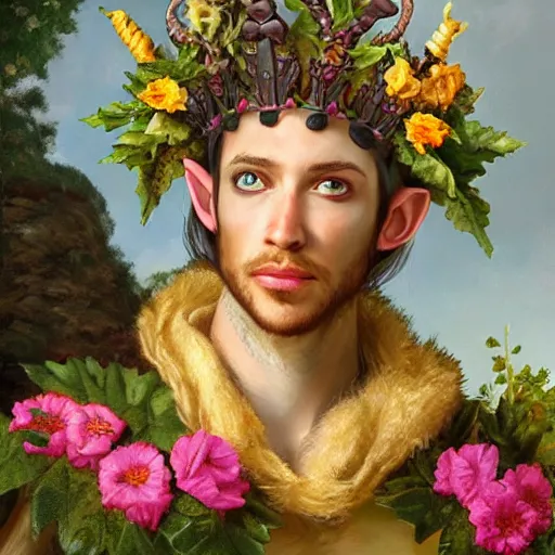 Prompt: a male feywild elf wearing a crown of flowers. he holds a dagger in his hand. baroque portrait. highly detailed oil painting.