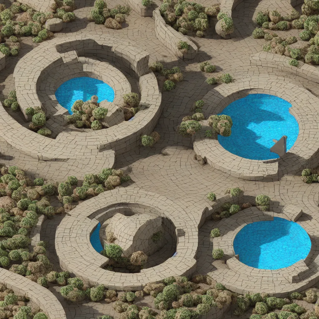 Prompt: architectural model, isometric view, 3 d render, studio lighting, low contrast, brightly lit studio, highly detailed, a circular house with circular courtyards, pool, on rocks on a desert