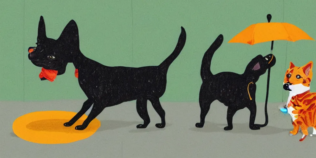 Prompt: a black dog and an orange tabby kitten standing in the rain by richard scarry