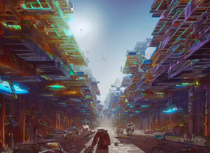 Image similar to street view of a futuristic aztec city in mexico, art by federico pelat and alejandro burdisio and markus vogt, science fiction, cinematic, 8 k resolution