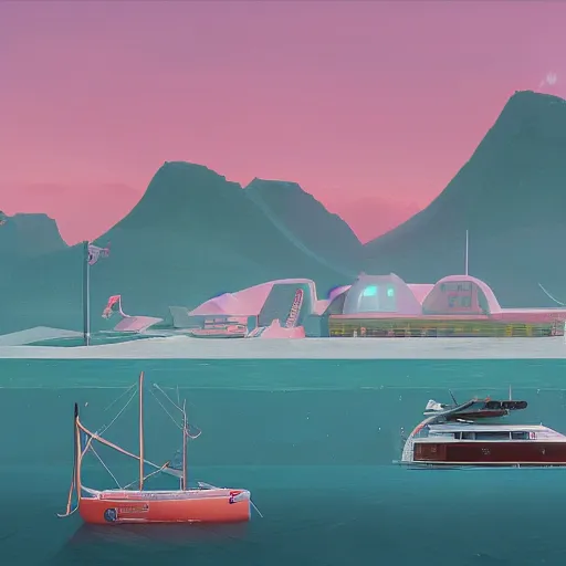 Image similar to yachting club by simon stalenhag