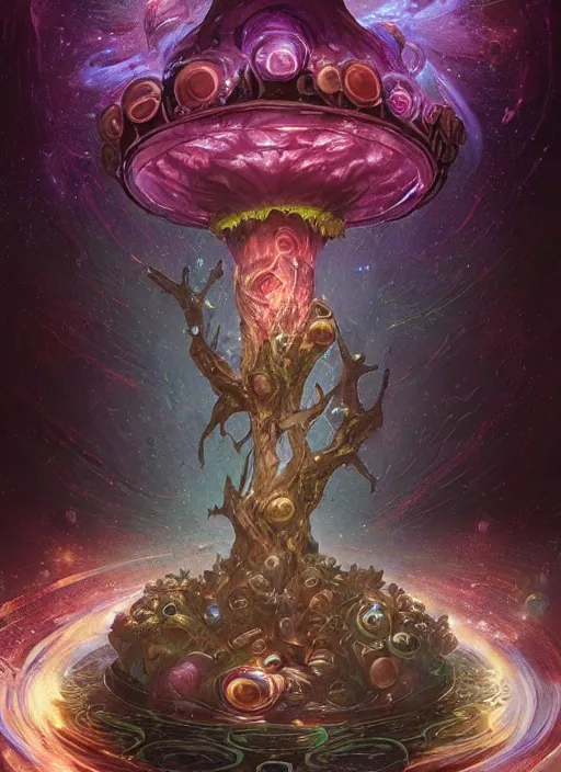 Prompt: enormous mushroom deity of the stars resides inside void manifold, portrait by ross tran, timeline nexus, ascending universes, a dnd illustration of esoteric concept by cgsociety and james gurney, artstation, hdr, rtx